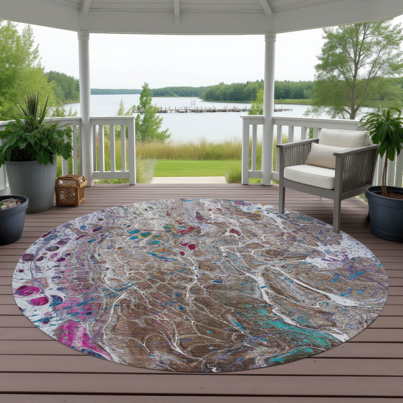 Tapis abstrait lavable à la machine intérieur / extérieur ACN2730, Brun, Rond 8 pi