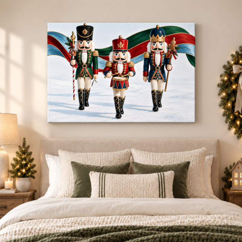 Art mural sur toile, "Trois casse-noisettes colorés dans la neige", H 20 po x l 30 po