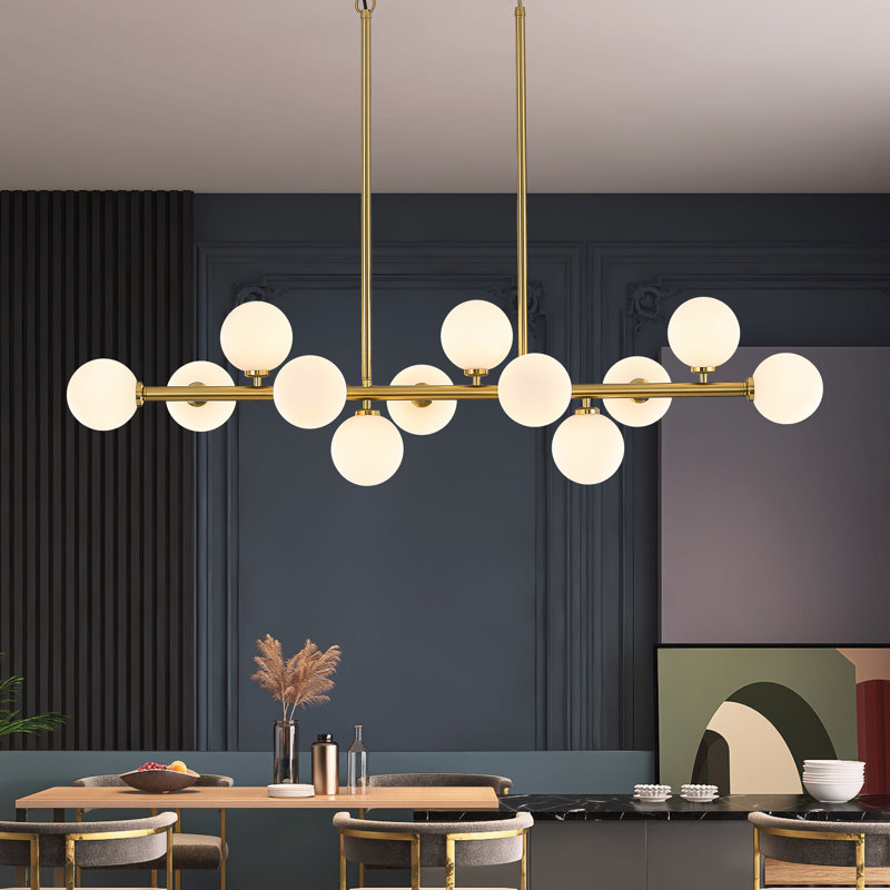 12 - Light 50" Dimmable Bubble Glass Sputnik Modern Linear Chandelier, White, Gold and White