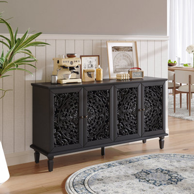 Buffet 60 "/ 65" en bois antique, tablettes réglables avec sculptures florales, pieds solides et poignées en laiton antique, meuble télé pour téléviseur 65 "+