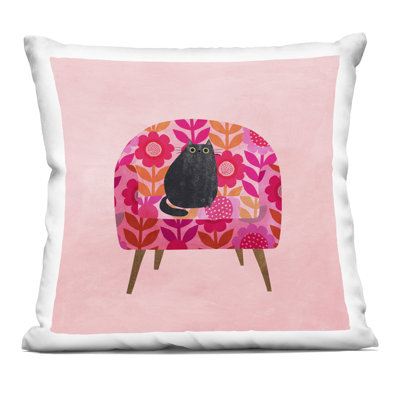 Cat on Retro Floral Chair Decorative Printed Throw Pillow design by Planet Cat by Angie Rozelaar
