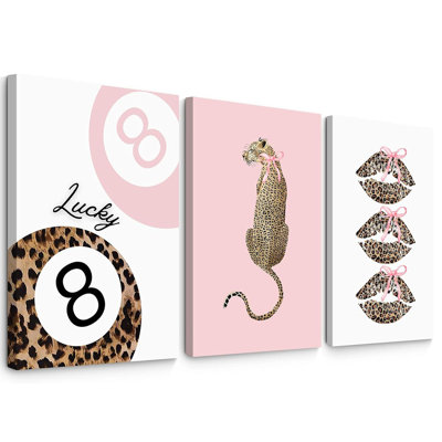 Pink Leopard Wall Art Decor Cheetah Trendy Poster Preppy Aesthetic Canvas Room Decor Pictures Coquette Y2k Wall Art 8 Ball Prints Pink Fashion Bow Artwork For Bedroom Wrapped Canvas