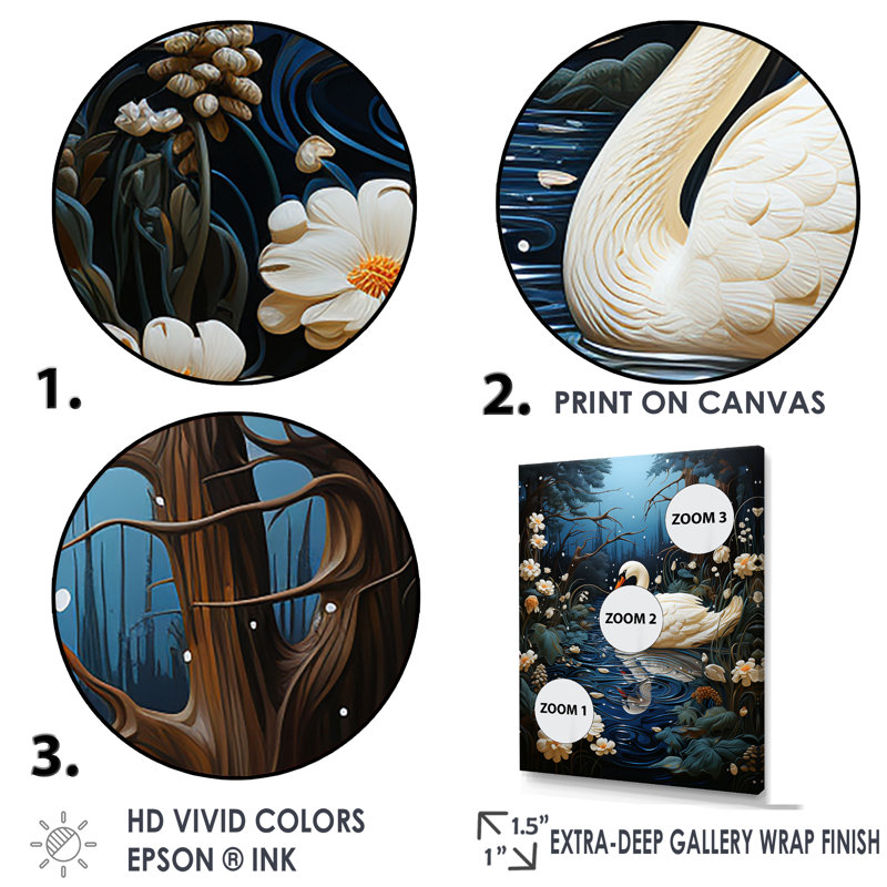 Cygne dans la nuit - reproductions d'art mural animaux cygnes, H 44 po x l 34 po, Cadre flottant blanc