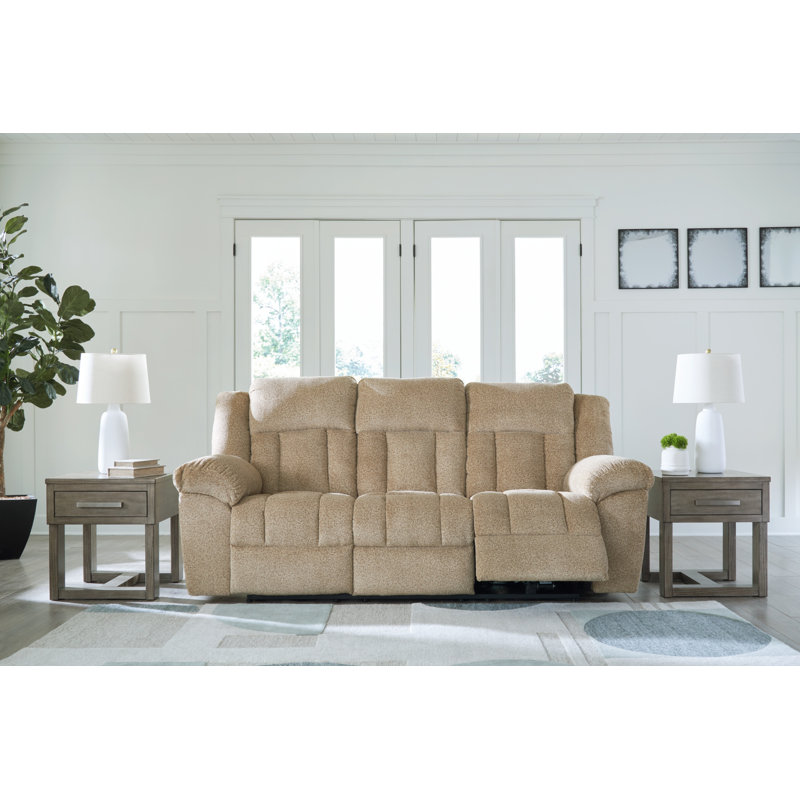 Beige Fabric Power Reclining Sofa with Pillow-Top Arms