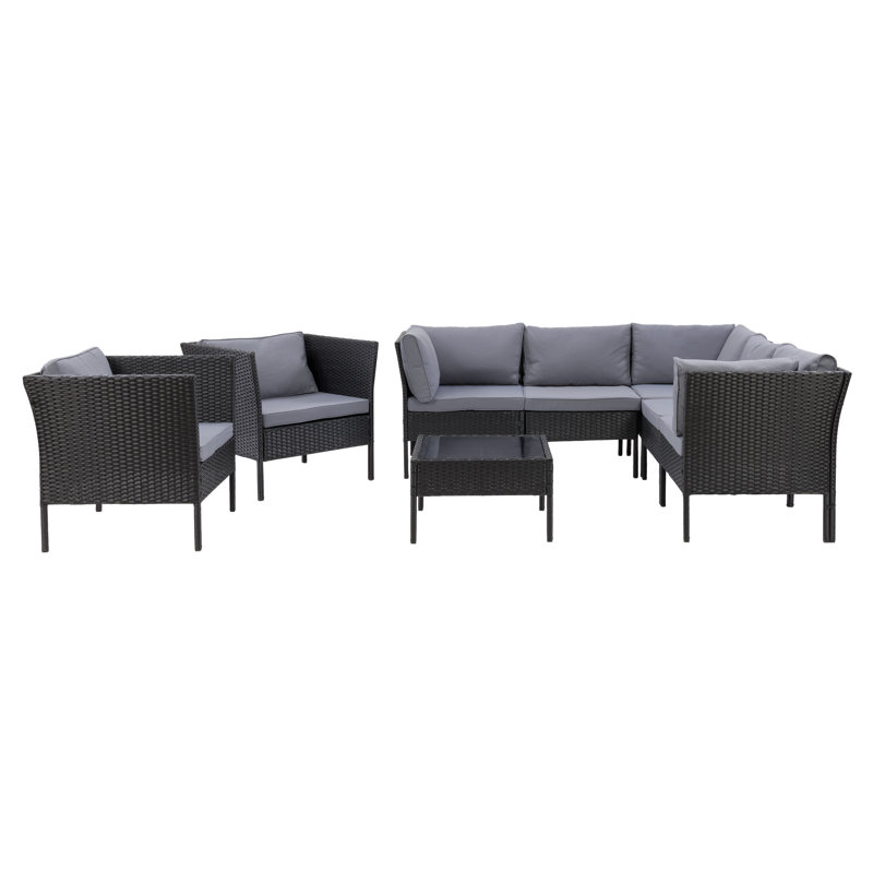 Ensemble de conversation modulaire en rotin avec coussins 8 pièces Bowdon, Structure noire / coussin gris cendré