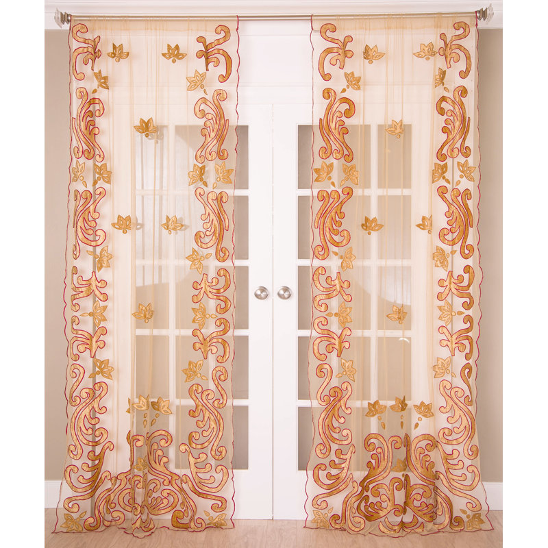 Applique Embroidery Sheer Curtain with Rod Pocket Window Panel for Living Room, 52" W x 84" L, Beige
