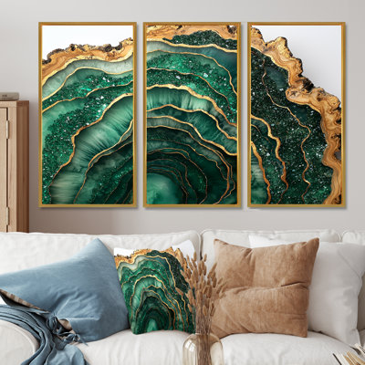 Émeraude et rivière de cristal sur glissoire en bois IV - cristaux, art mural - ensemble de 3