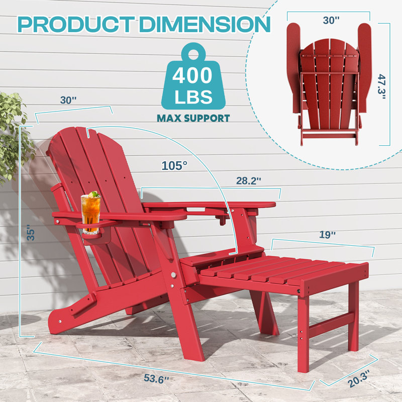 Adjustable Adirondack Chair With Retractable Ottoman Set Of 2, Red