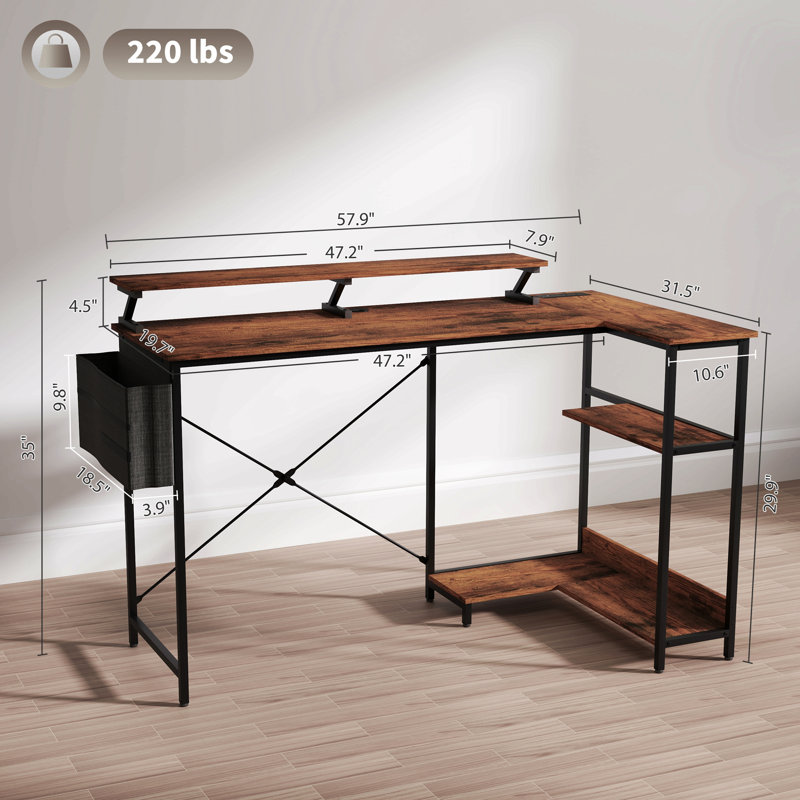 Bureau d'ordinateur avec bureau en coin réversible en forme de L, support pour écran, prises de courant et lumières DEL