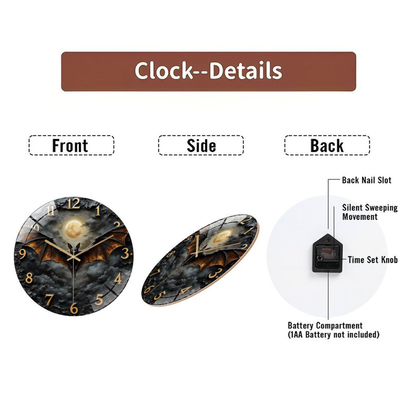 Horloge murale Batthema pour décoration d'Halloween - Horloge murale 12 po