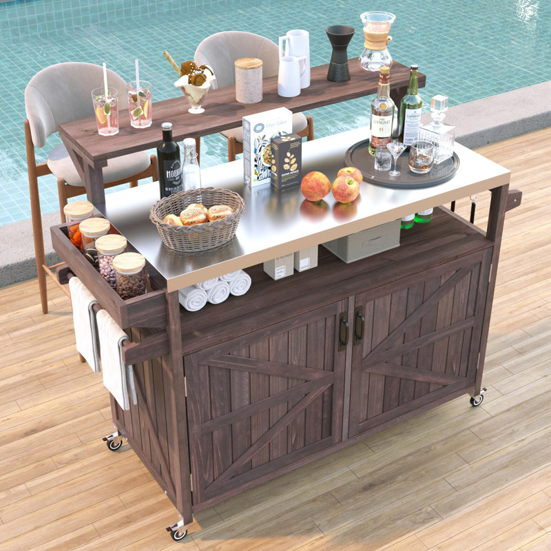 Îlot de cuisine extérieur avec tablette surélevée, plateau en acier inoxydable, support de rangement interne, tablette réglable, support à épices