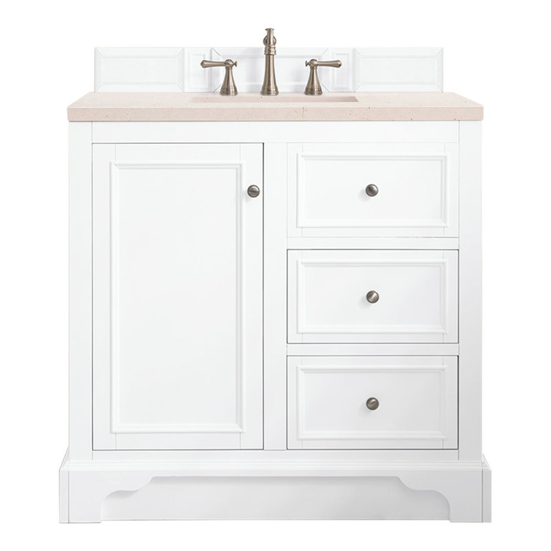 De Soto 36'' W Single Vanity, Bright White, Carrara White Marble, 8" Widespread