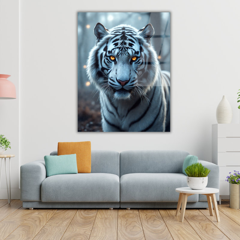 Art mural en verre trempé tigre blanc, 40" H x 30" W