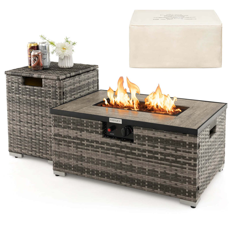 Arlmont & Co. 32"x 20" Propane Fire Pit Table Set With Side Table Tank & Cover 40,000 Btu