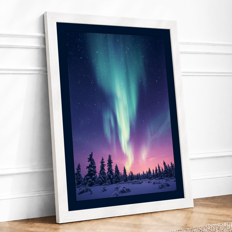 Aurora Over Silent Forest Scandinavian - Framed Print, A1 - 84.1 x 59.4 cm, White