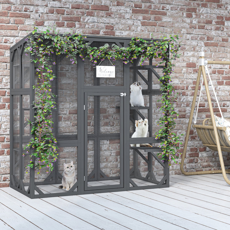 Maison pour chat grise avec six plateformes, toit imperméable, fil d'acier galvanisé et bois, cage pratique