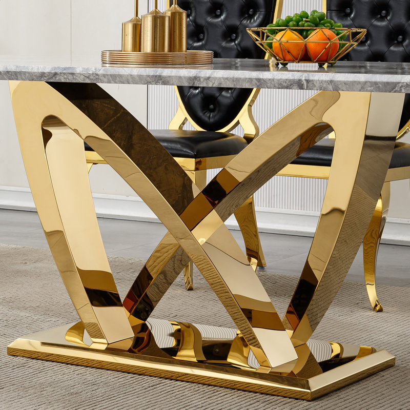 70" Faux Marble Dining Table Set for 8, with 8 Upholstered Chairs, Gray, Gold