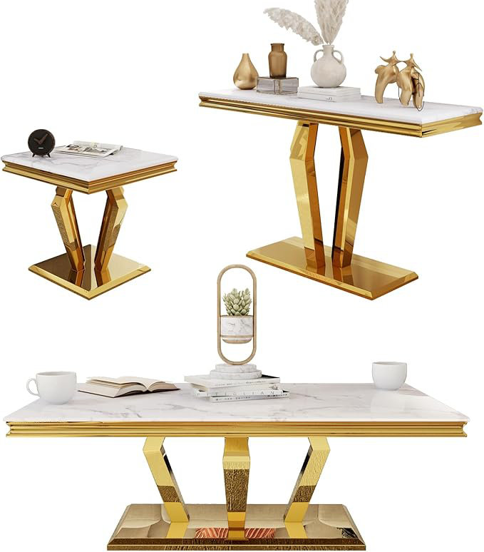 Ensemble de 3 tables de salon 3 pièces, Blanc / or