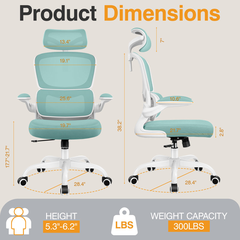 Lidwien Ergonomic Breathable Mesh Office Chair with Adjustable Headrest and Flip-Up Arms, White/MintGreen