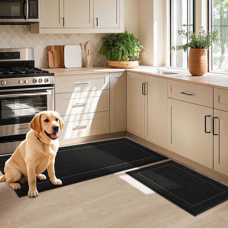 Geometric Polyester Non-Skid Kitchen Mat, Runner 50.8cm x 121.9cm, Black