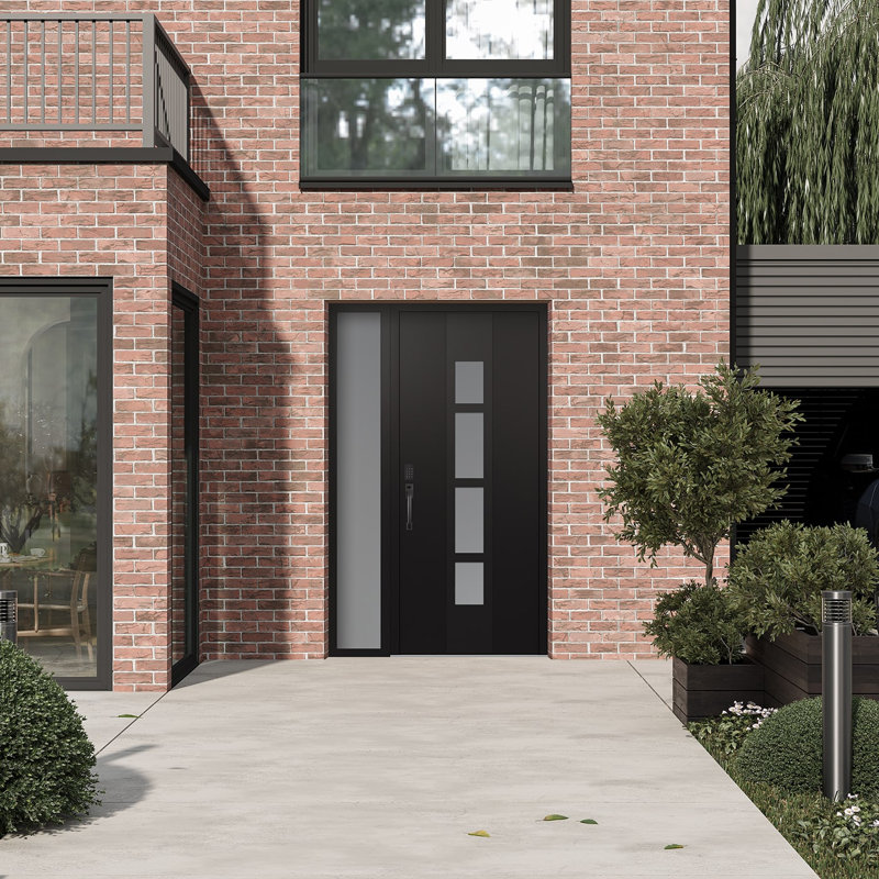 Porte d'entrée pré-suspendue à panneau en acier noir Diamond A10 avec panneau latéral, Droite / vers l'intérieur