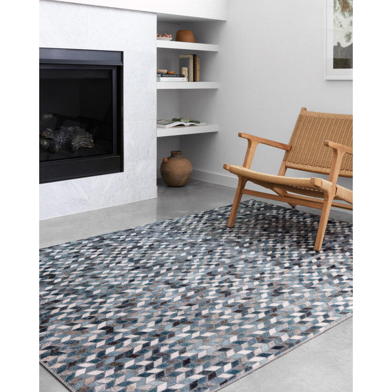 Tapis bleu à motif géométrique Rogers, Rectangle 5 pi x 7 pi 6 po