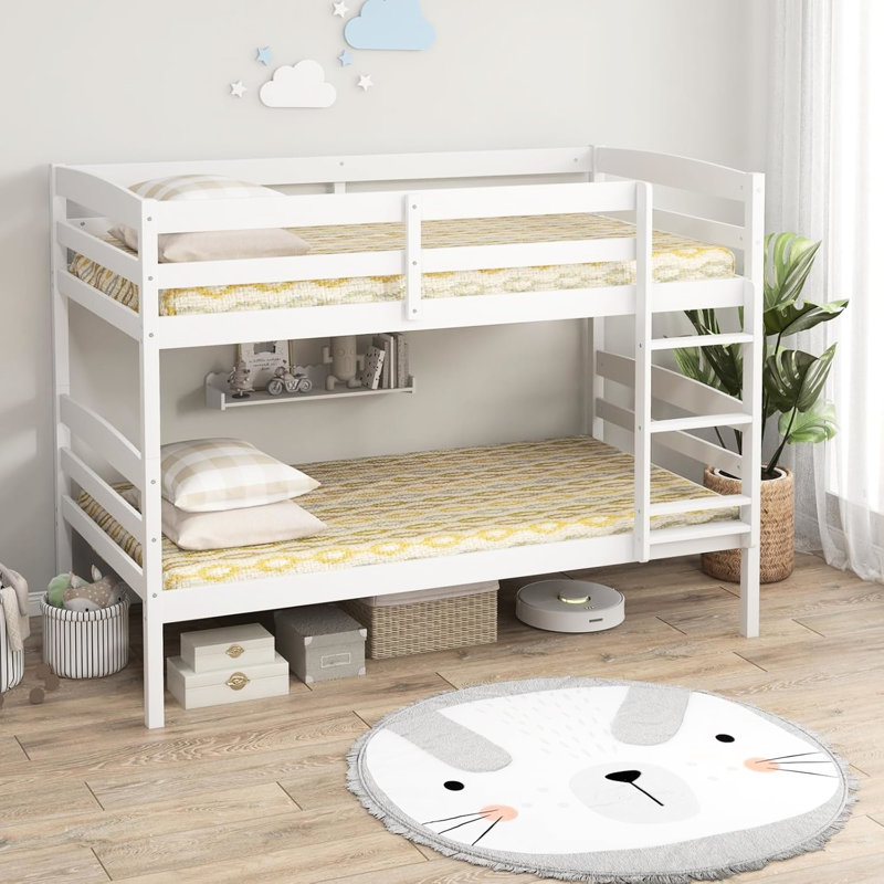 Lit superposé simple en bois de pin massif, conception convertible, ton blanc, garde-corps pleine longueur, intégré, sans sommier, 11,81 po pour lit de rangement en bois, amovible à deux lits, hauteur