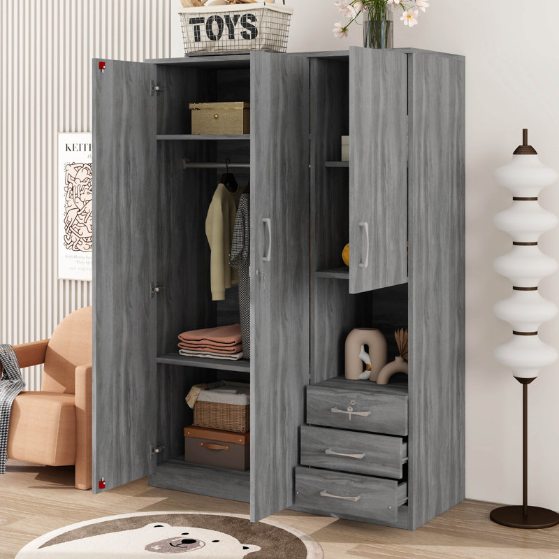 2-Doors Wooden Wardrobe Storage For Bedroom, Grey