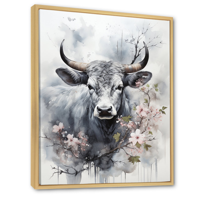Bania, art asiatique, vache Sumi V, H 40 po x l 30 po x P 1,5 po, Cadre naturel flottant