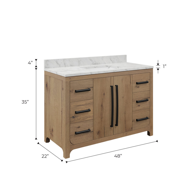 Graelyn Meuble-lavabo simple rectangulaire en marbre de Carrare blanc avec chêne vieilli, Noir mat, Chêne patiné