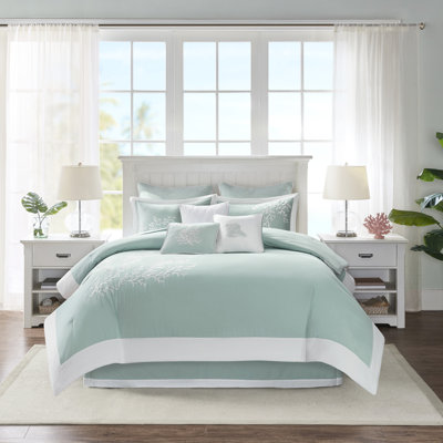 Cotton Comforter In Full Size - Filling Coral Embroidery Enriched Motifs Pieced Border Includes Bed Skirt And 2 Shams 100% Fill Adorned Detailing &