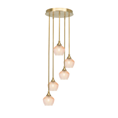 Empire 5 Light Stem Hung Cluster Pendalier Shown In New Age Brass Finish With 6" Amber Textured Glass