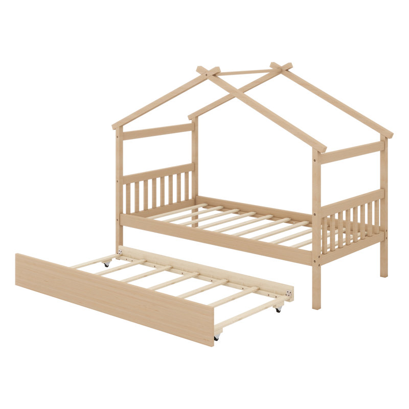 Lit en bois avec lit gigogne simple, Naturel, Lit simple