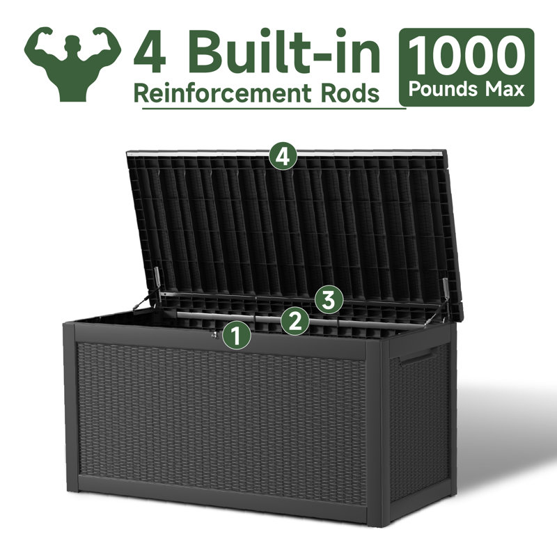 Coffre de rangement en résine résistant à l'eau de 320 gallons, coffre de rangement extérieur en résine résistant aux intempéries, grande capacité verrouillable, banc de rangement extérieur polyvalent