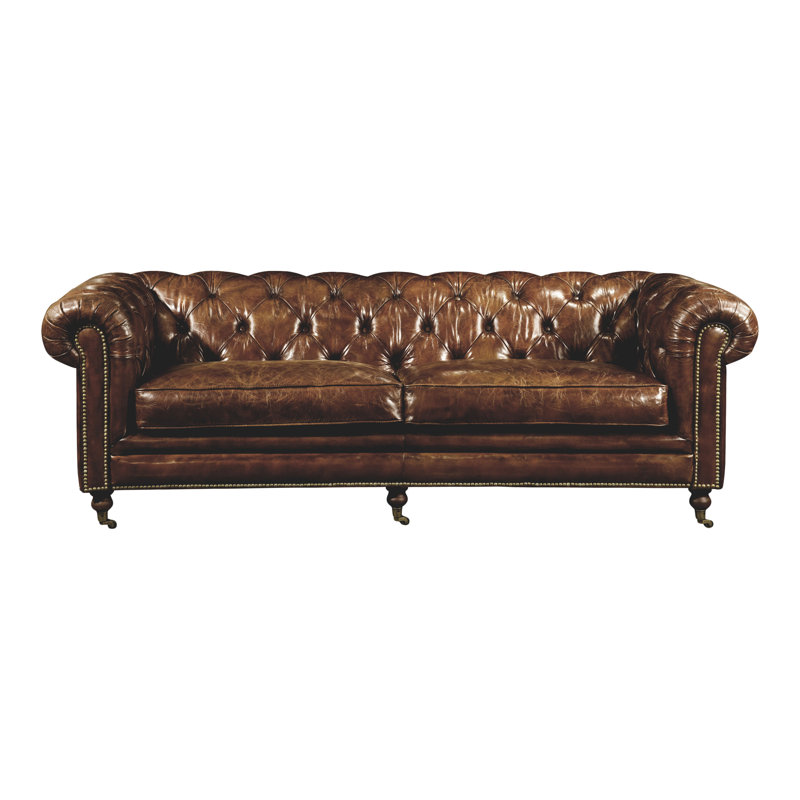 Sofa, Seats 3, Grazed Top Grain Leather, Brown, 87" W, Brown