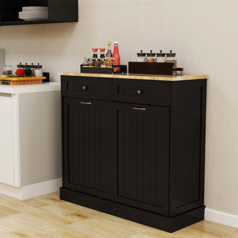 Armoire à ordures inclinable à deux tiroirs et deux compartiments - Panneau de fibres à densité moyenne peint par UV noir