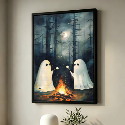 Halloween : Deux fantômes faisant griller des guimauves autour d'un feu de camp, tableau sur toile encadré, cadre beige, 50 x 75 cm