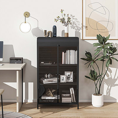 Metal Storage Cabinet with Glass Doors & Flip-Top, 4-Tier Display Cabinet with Open Shelves for Kitchen, Living Room, Home Office, Bathroom