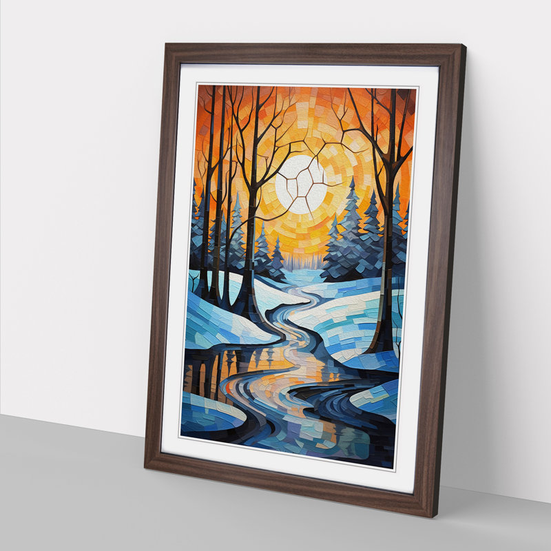 Winter Landscape Cubism - Single Picture Frame Print on Wood, 34cm H x 25cm W x 2cm D, Walnut