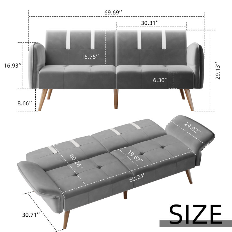 Canapé convertible en futon 69,69 po Brooksley, Velours gris foncé