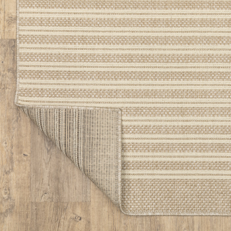 Tavraj Modern Linear Pinstripe Beige / Ivory Indoor/Outdoor Rug, Runner 1'10" x 7'6"