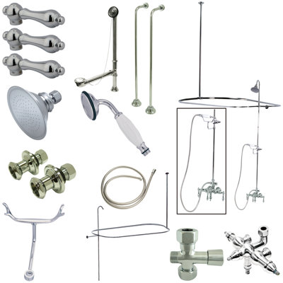 Kingston Brass Vintage Three-Handle 2-Hole Tub Wall Mount Clawfoot Tub Faucet Package with Shower Enclosure and Hand Shower