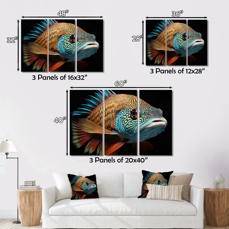 Portrait de poisson photo 3 pièces, H 28 po x l 36 po x P 1 po