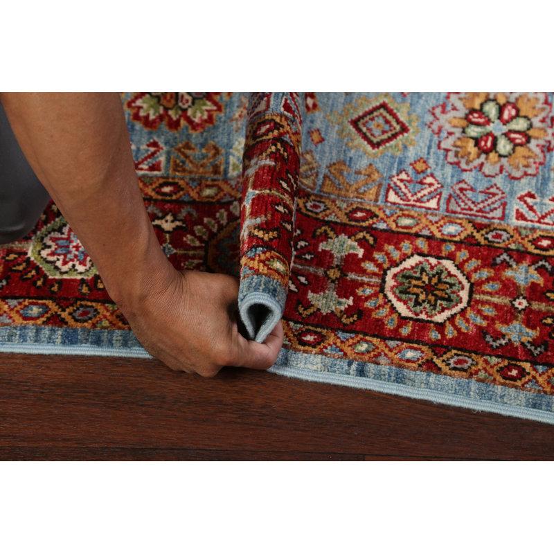 Tapis bleu en laine noué à la main de conception unique 4 pi 2 po x 5 pi 11 po