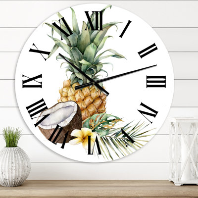 Ananas avec noix de coco, plumeria et feuilles de palmier - Horloge murale traditionnelle