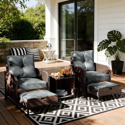 5-Piece Wicker Patio Conversation Set Outdoor Seating Group with Table and Dark Gray Cushions