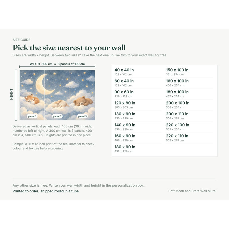 Soft Moon and Stars Wallpaper Mural, Peel and Stick Kids Room Wall Mural, Watercolor Nursery Wallpaper Made to Measure