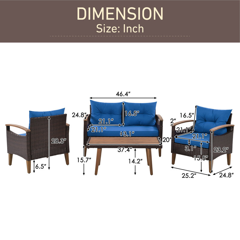 Gravesend Wicker 4 - Person Patio Conversation Set with Cushions, Blue