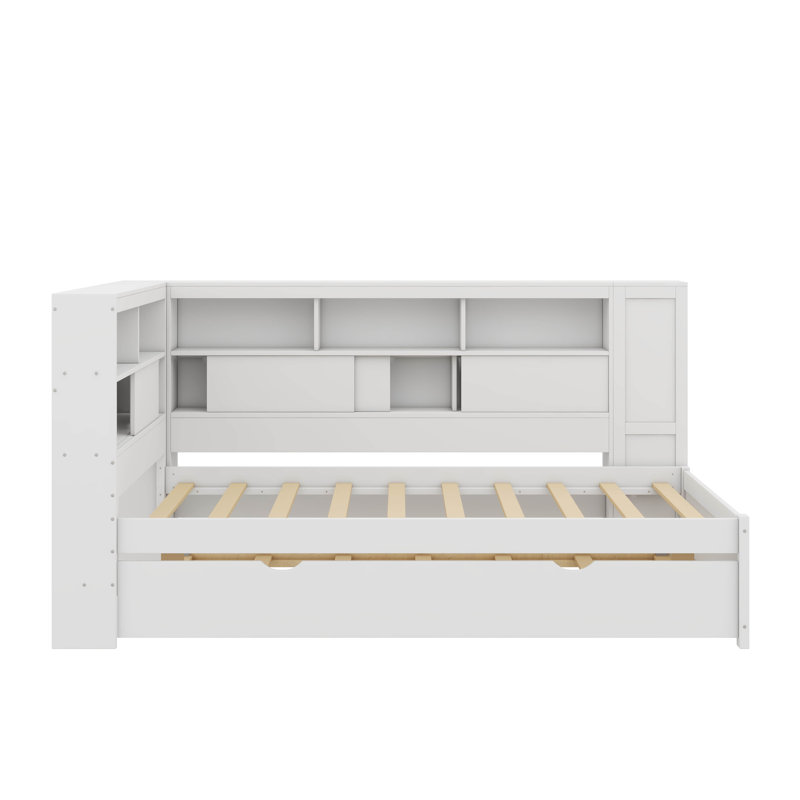 Lit de jour simple en bois avec tablettes intégrées, ports USB et lit gigogne escamotable, Blanc