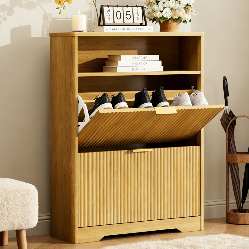 Armoire de rangement pour chaussures 20 paires avec 2 tiroirs rabattables, H 40 po x l 31,6 po x P 9,6 po, Naturel